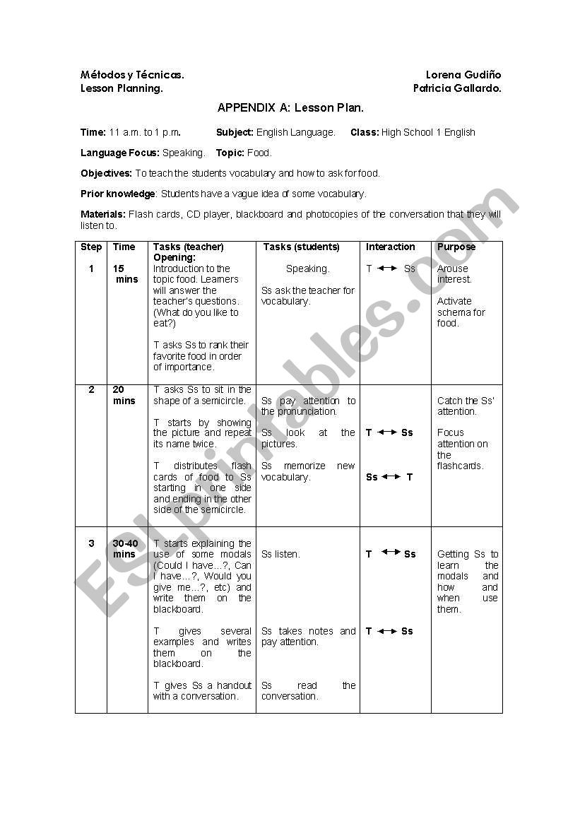 Asking for food Lesson plan worksheet