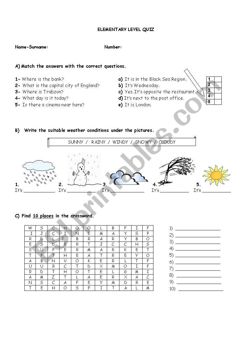 ELEMENTARY LEVEL QUIZ worksheet