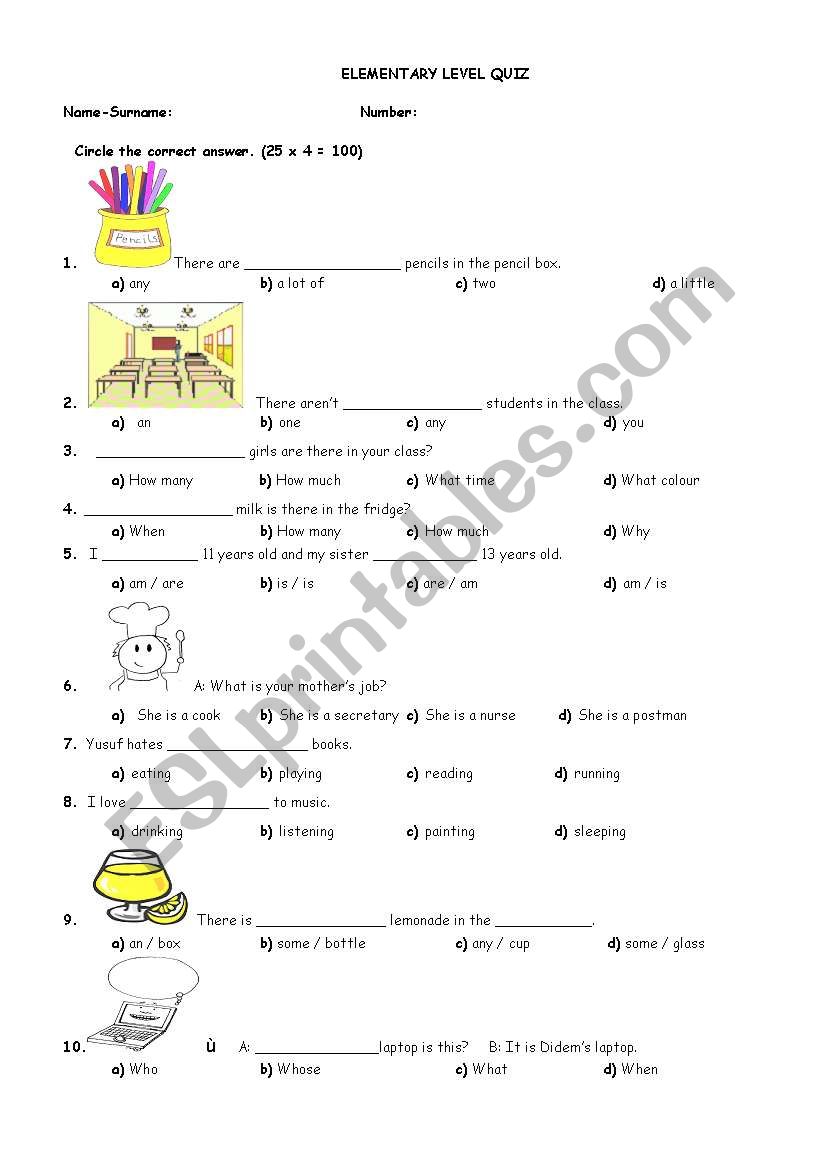 ELEMENTARY LEVEL TEST worksheet