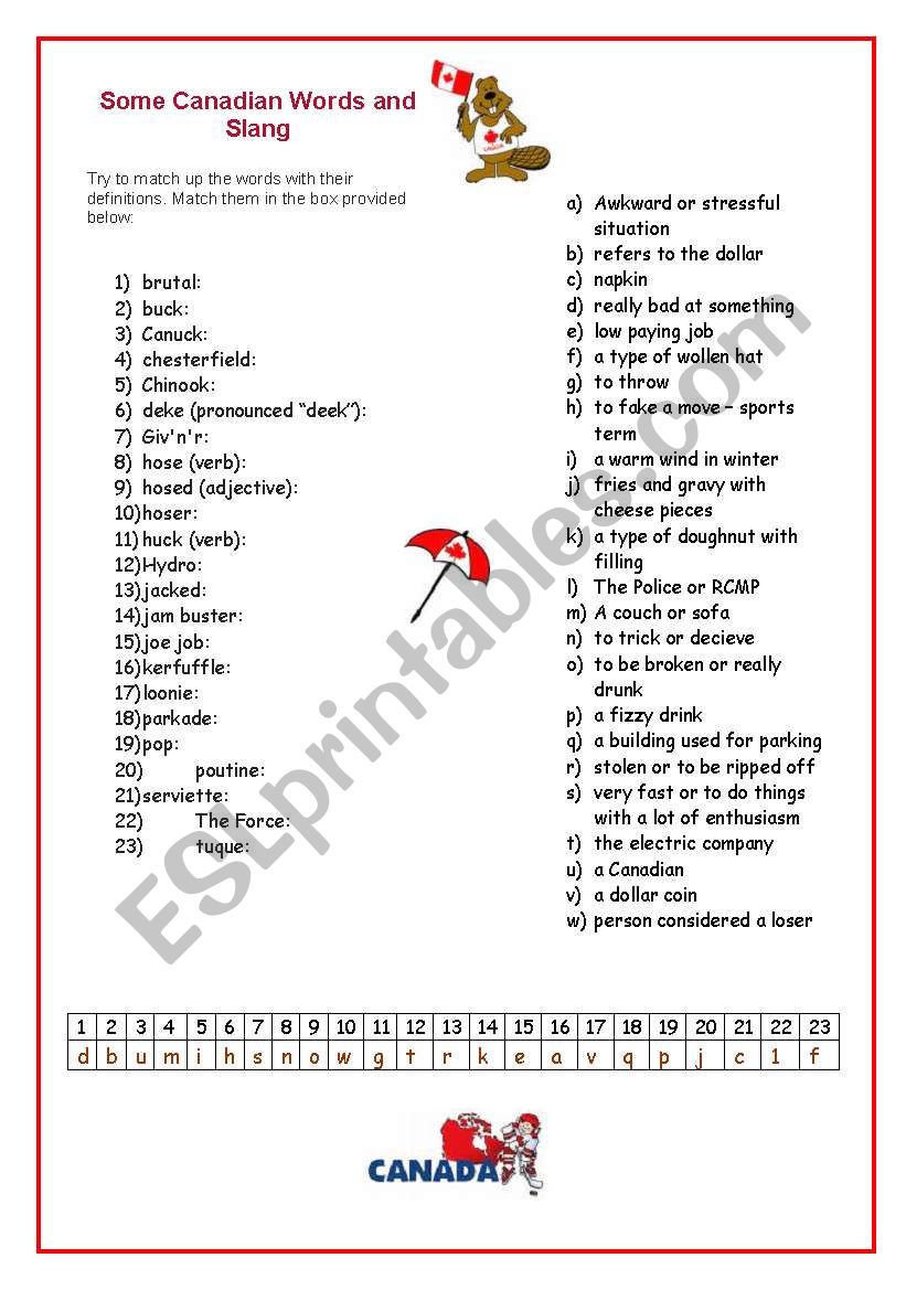 Canadian Words and Slang worksheet