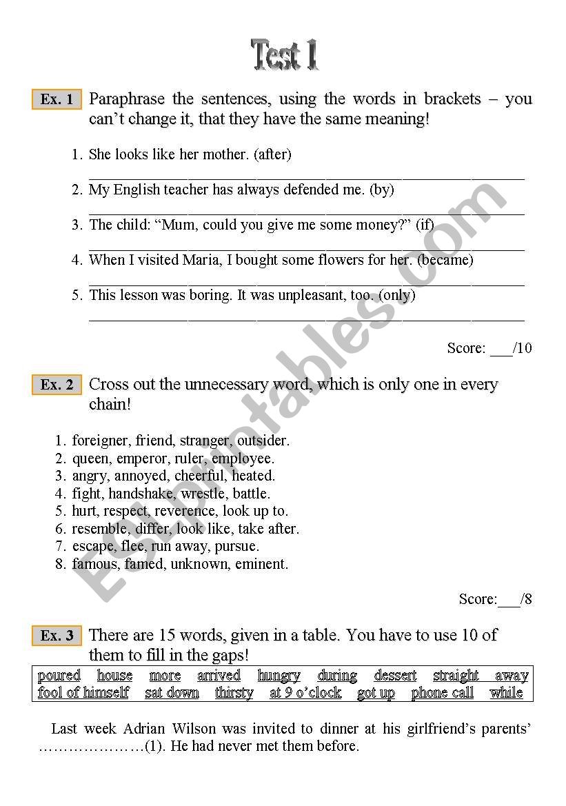 revision test  worksheet