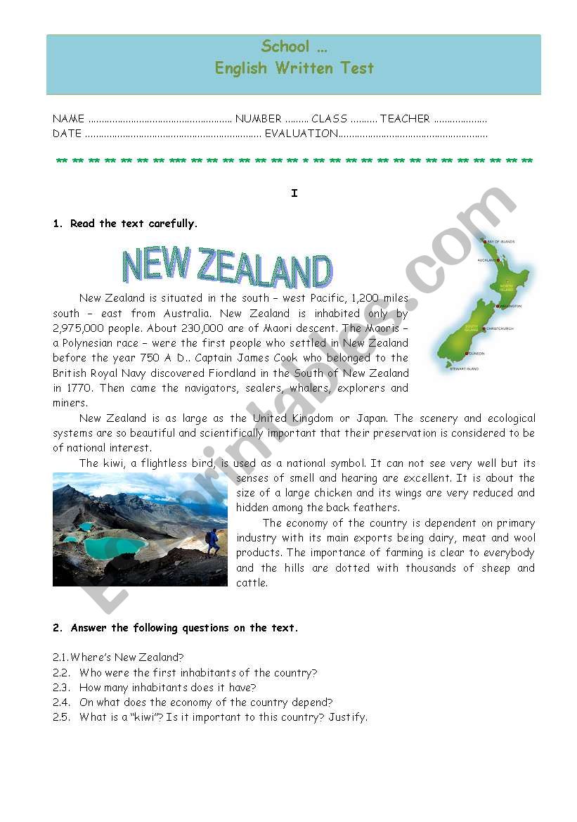 Test - New Zealand worksheet