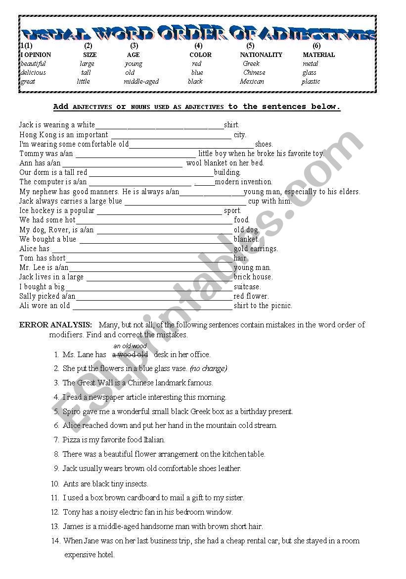 adjective order worksheet