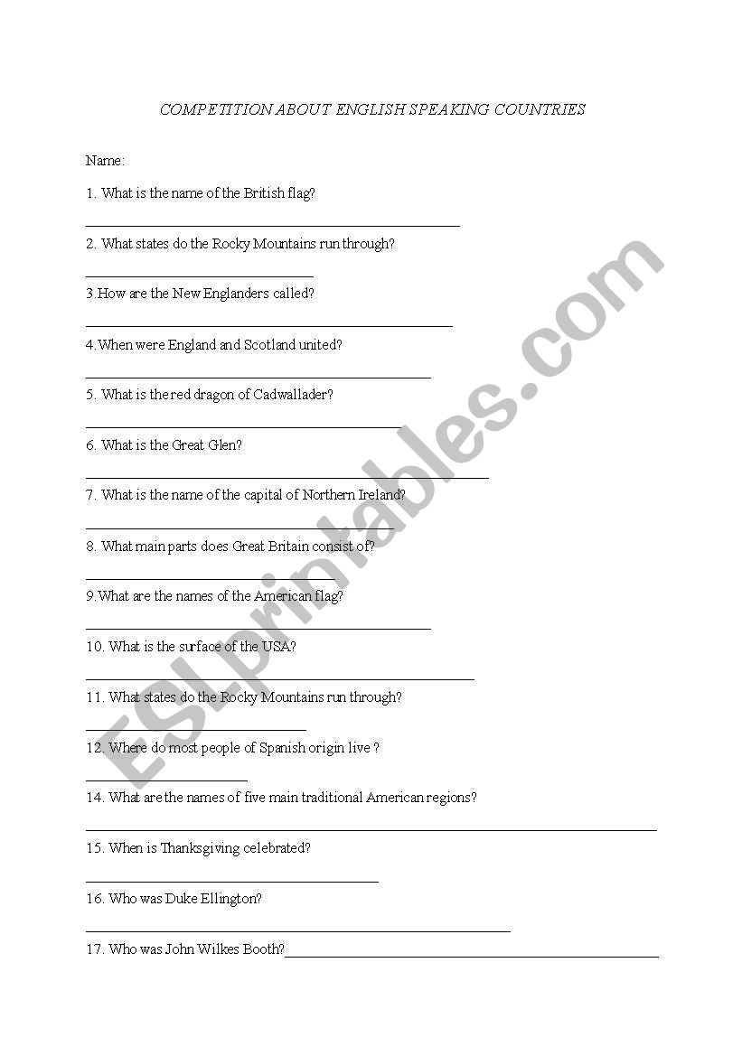 English speaking countries worksheet