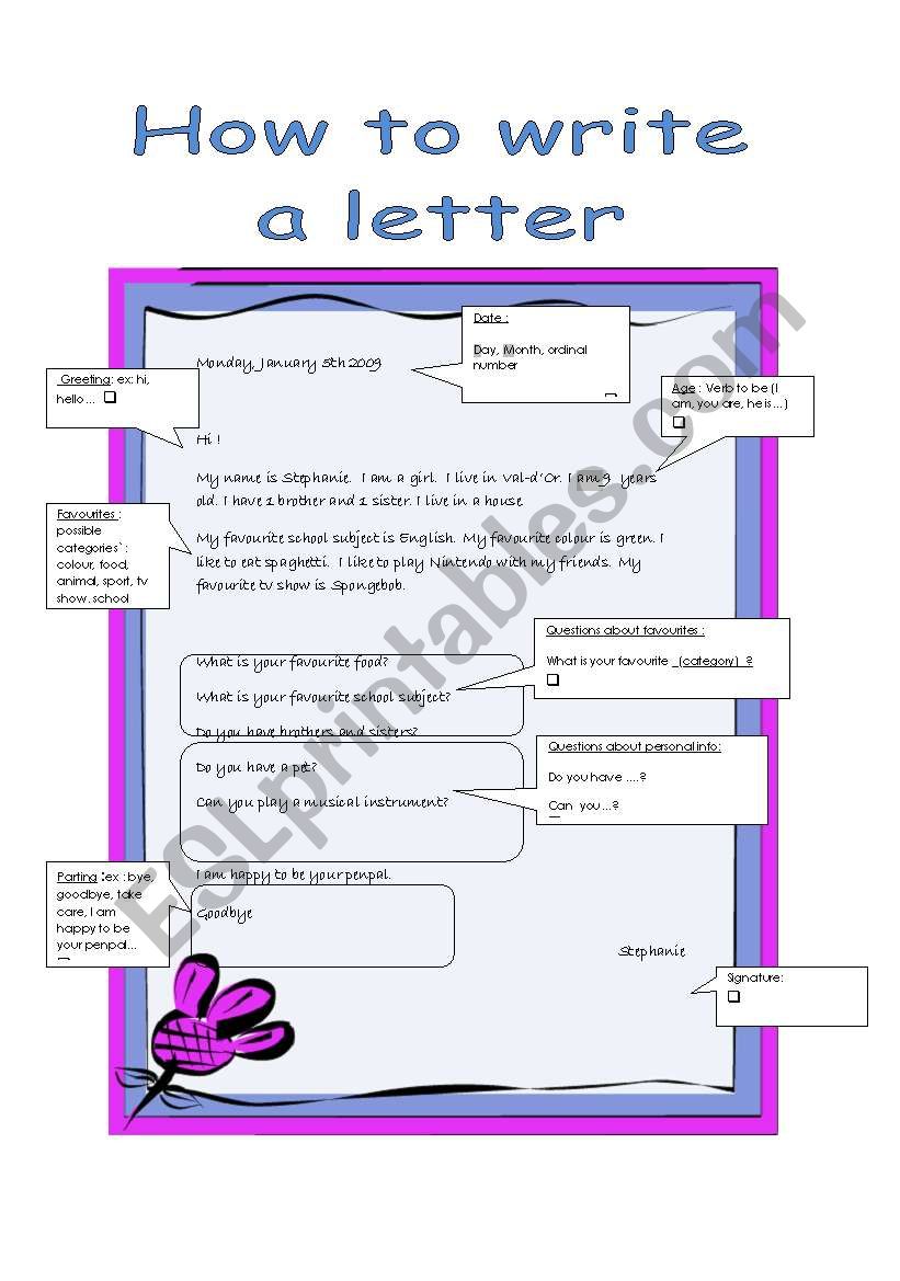 How to write a penpal letter (tutorial) - ESL worksheet by