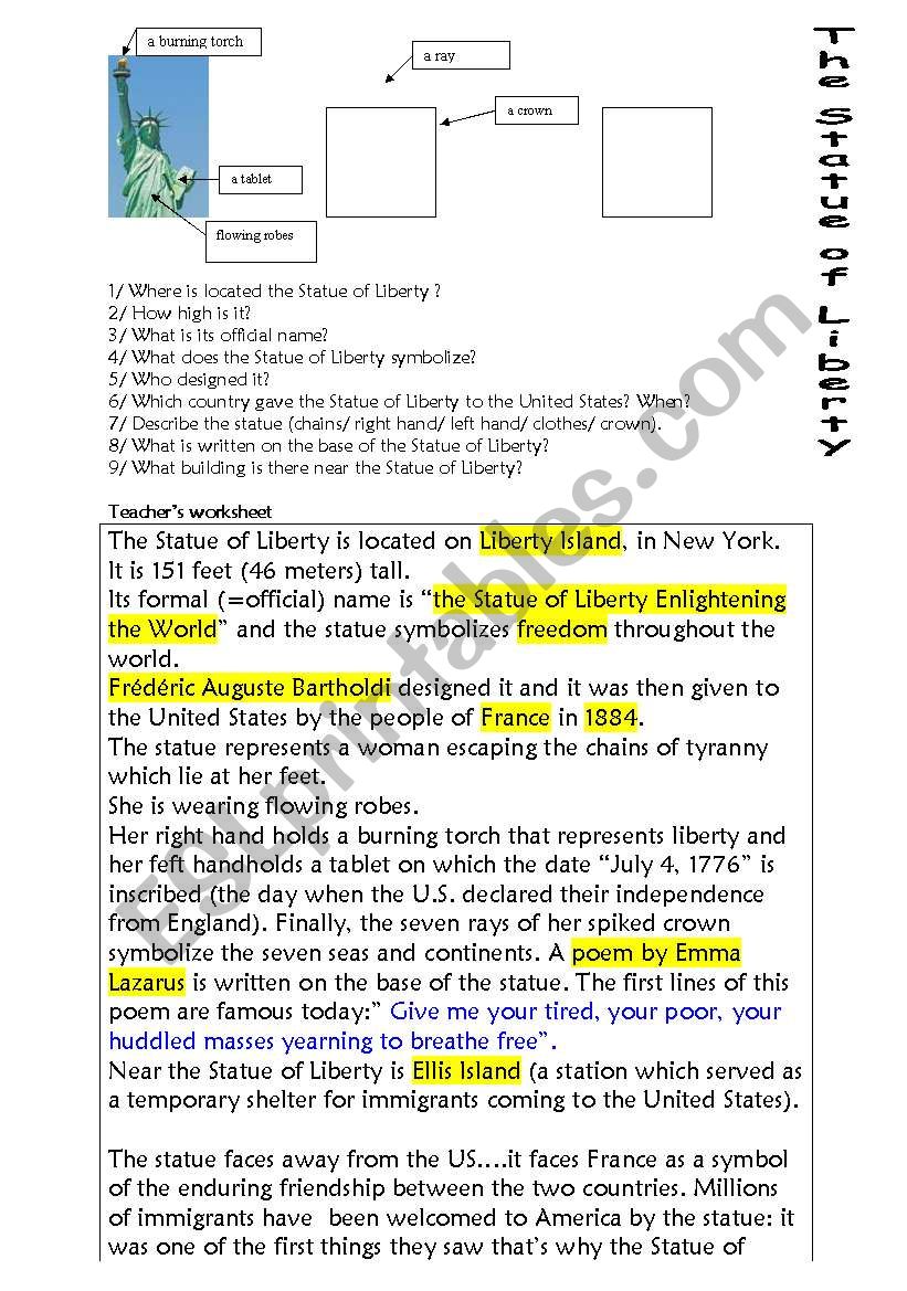 The Statue of Liberty worksheet