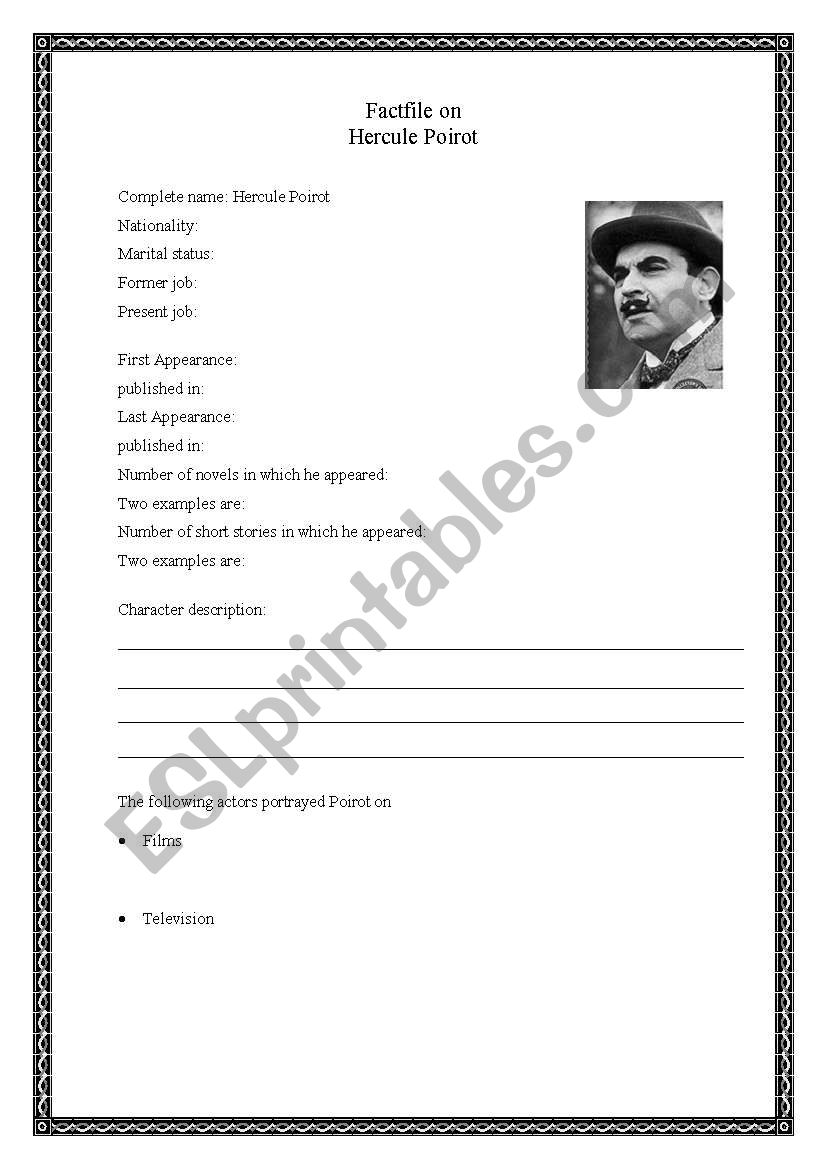 Factfile on Hercule Poirot worksheet