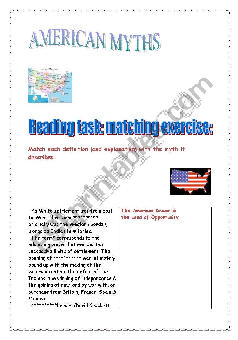 American myths (reading task + civilization) (+ answers)