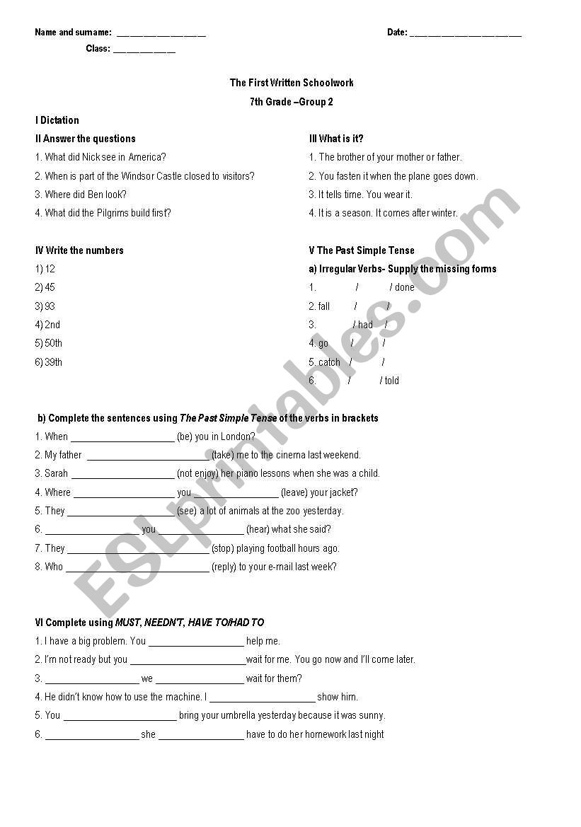 Test_7thgrade_Group2 worksheet