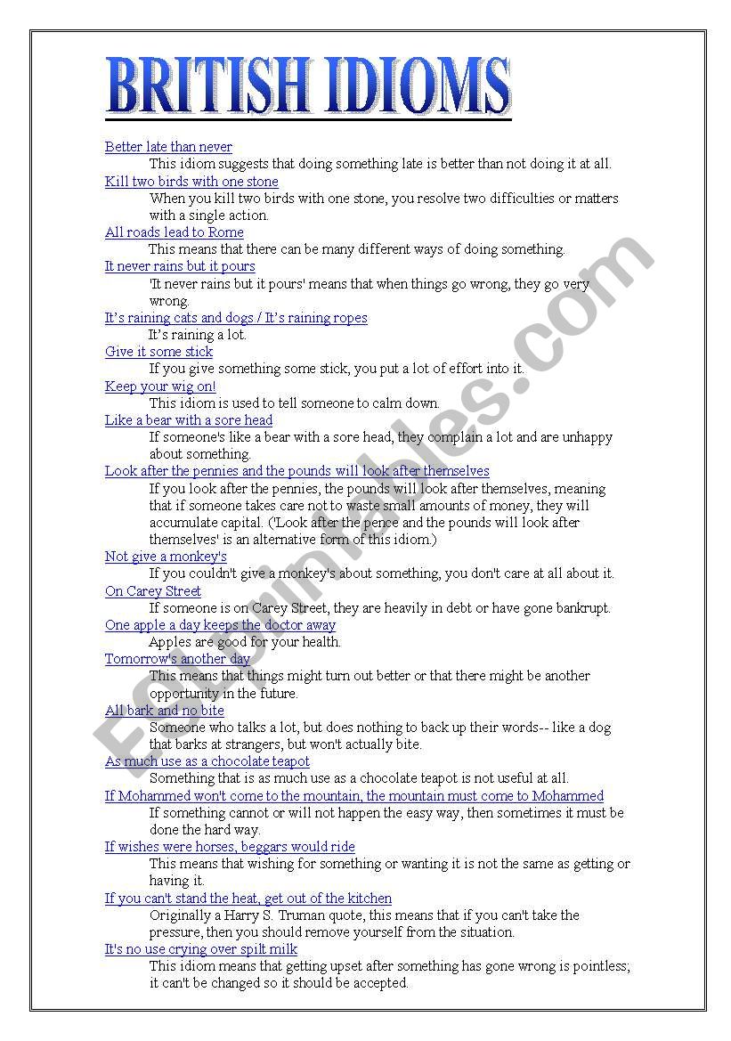 BRITISH IDIOMS worksheet