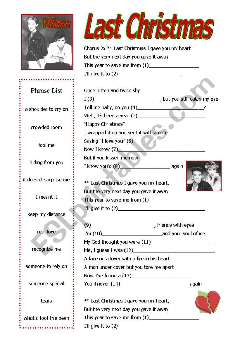 LAST CHRISTMAS  by  Wham worksheet