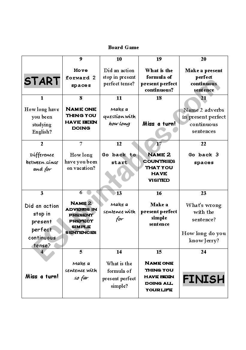 B oard Game worksheet