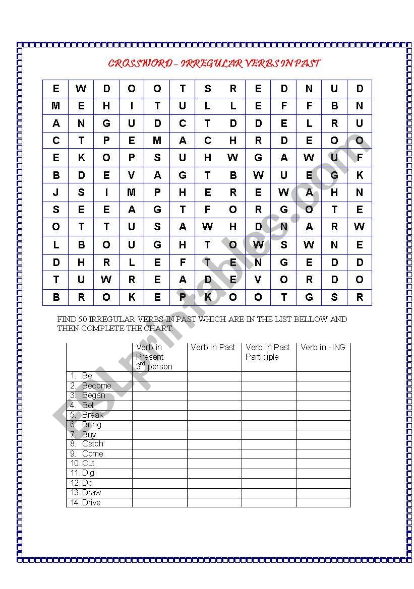 WORDSEARCH - IRREGULAR VERBS IN PAST + CHART