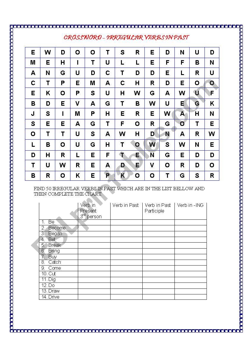 WORDSEARCH - IRREGULAR VERBS IN PAST + CHART