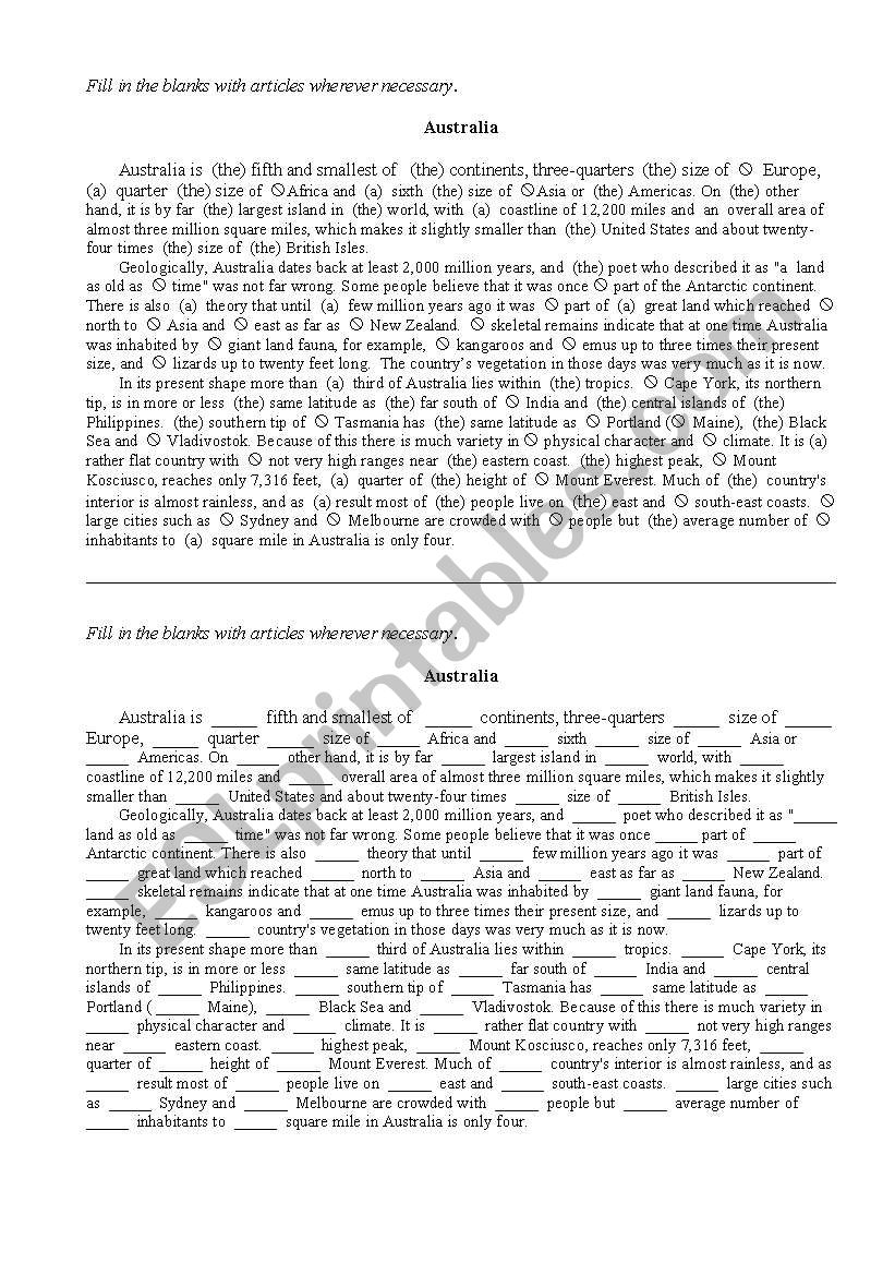 Australia (Articles) worksheet