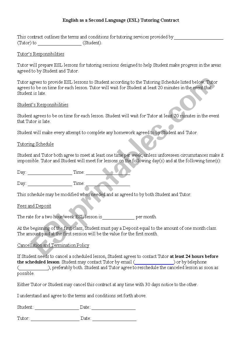 ESL Tutoring Contract worksheet