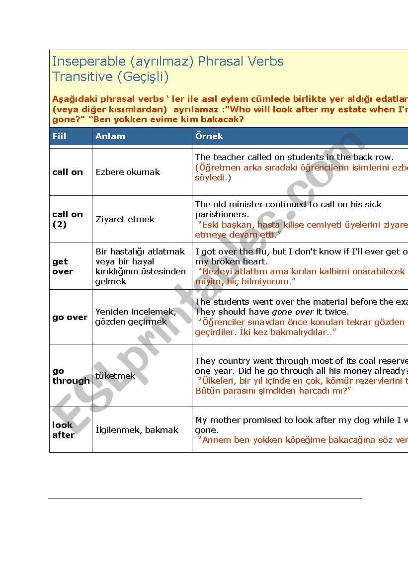 inseperable verbs worksheet