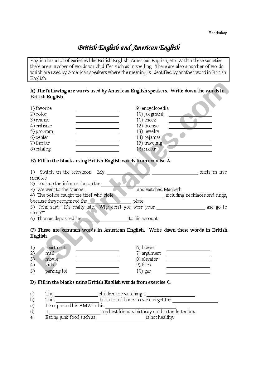 British and American English worksheet