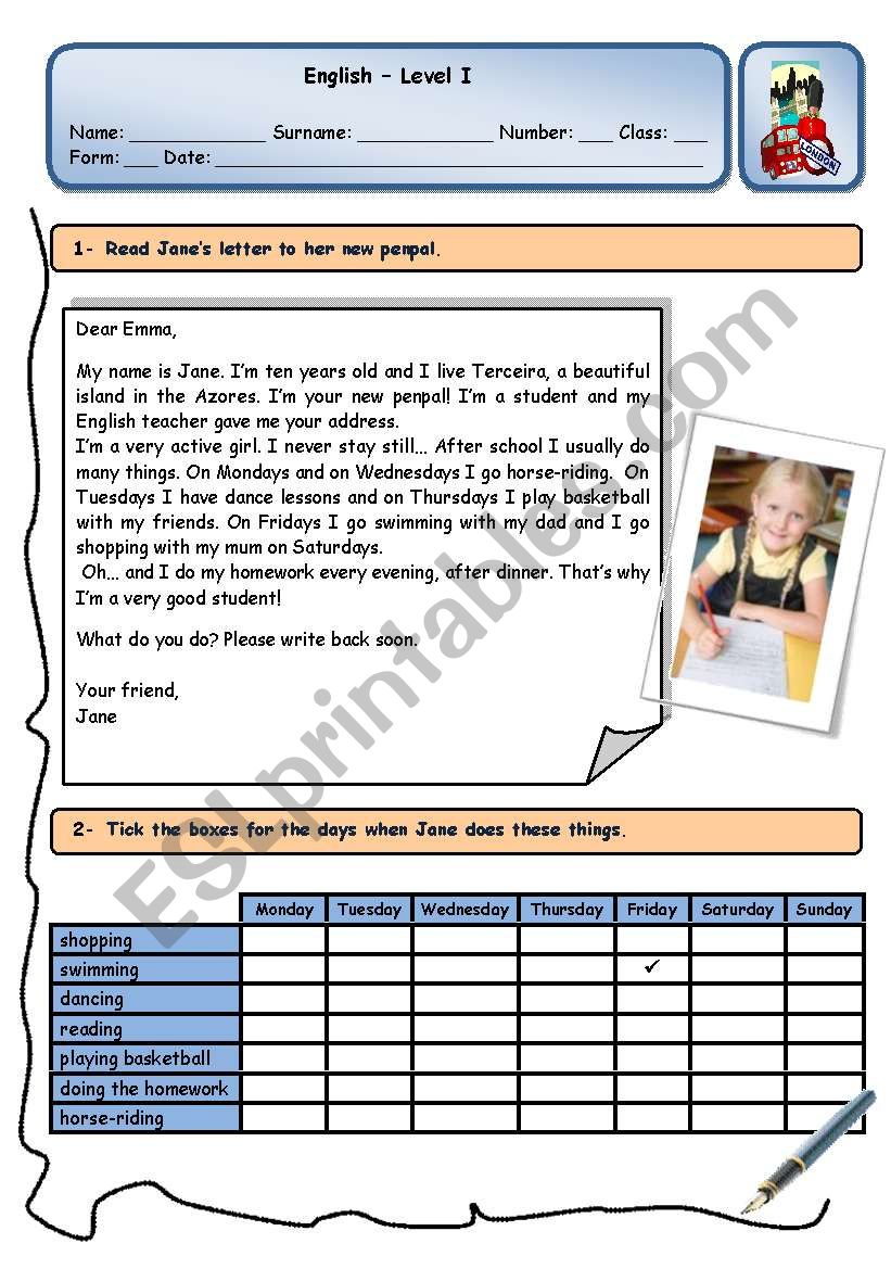 JANEÂ´S NEW PENPAL worksheet