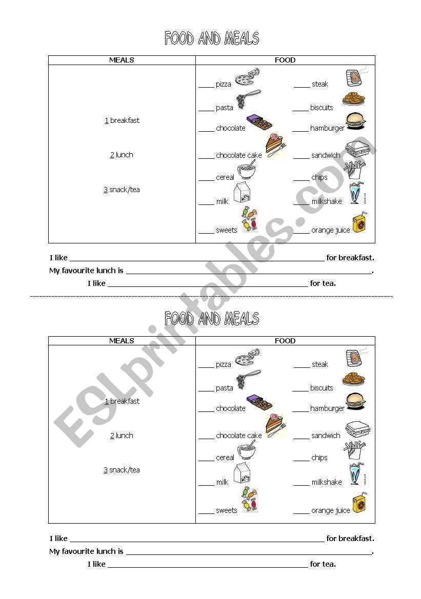 Food and meals worksheet