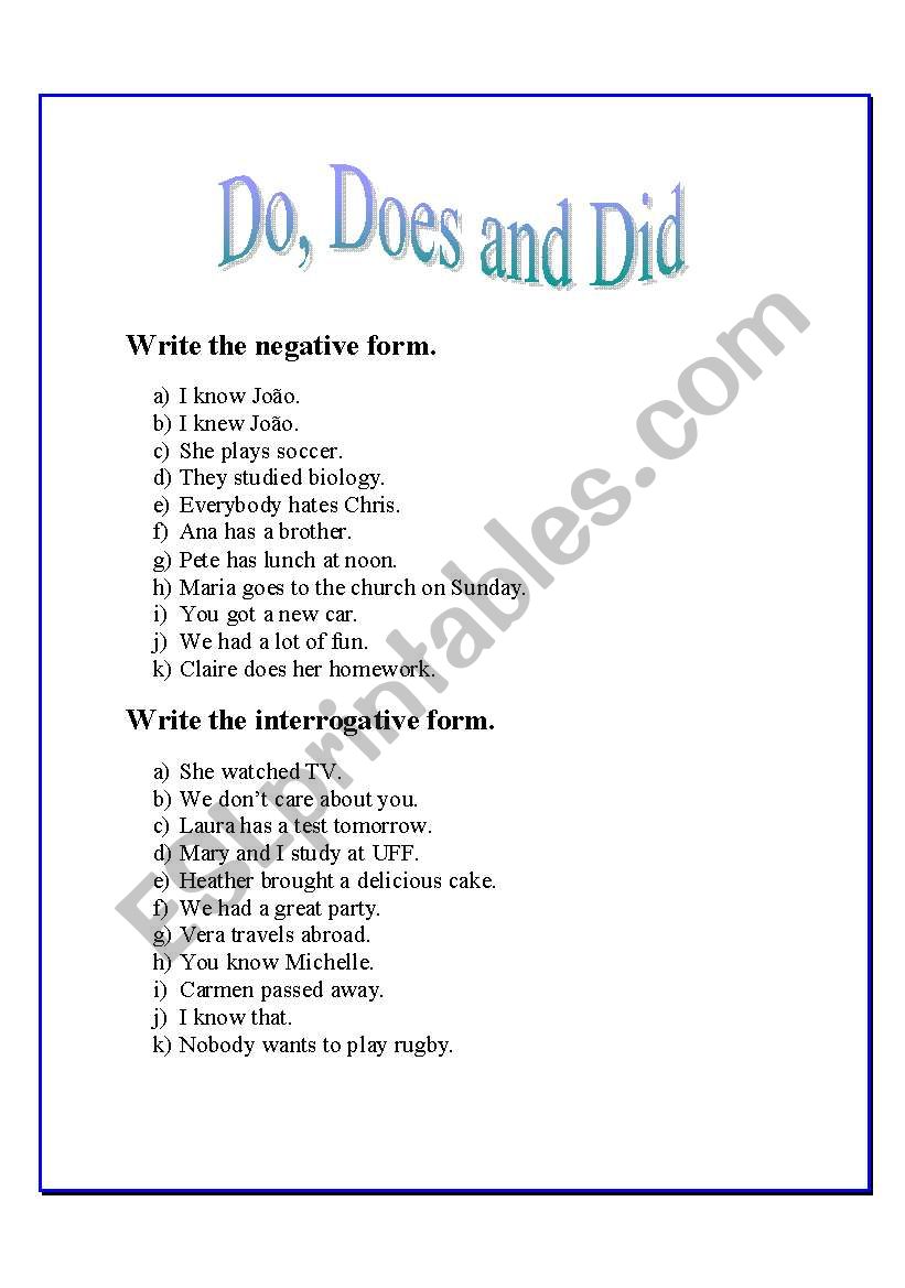 Do, does and did - Exercises worksheet