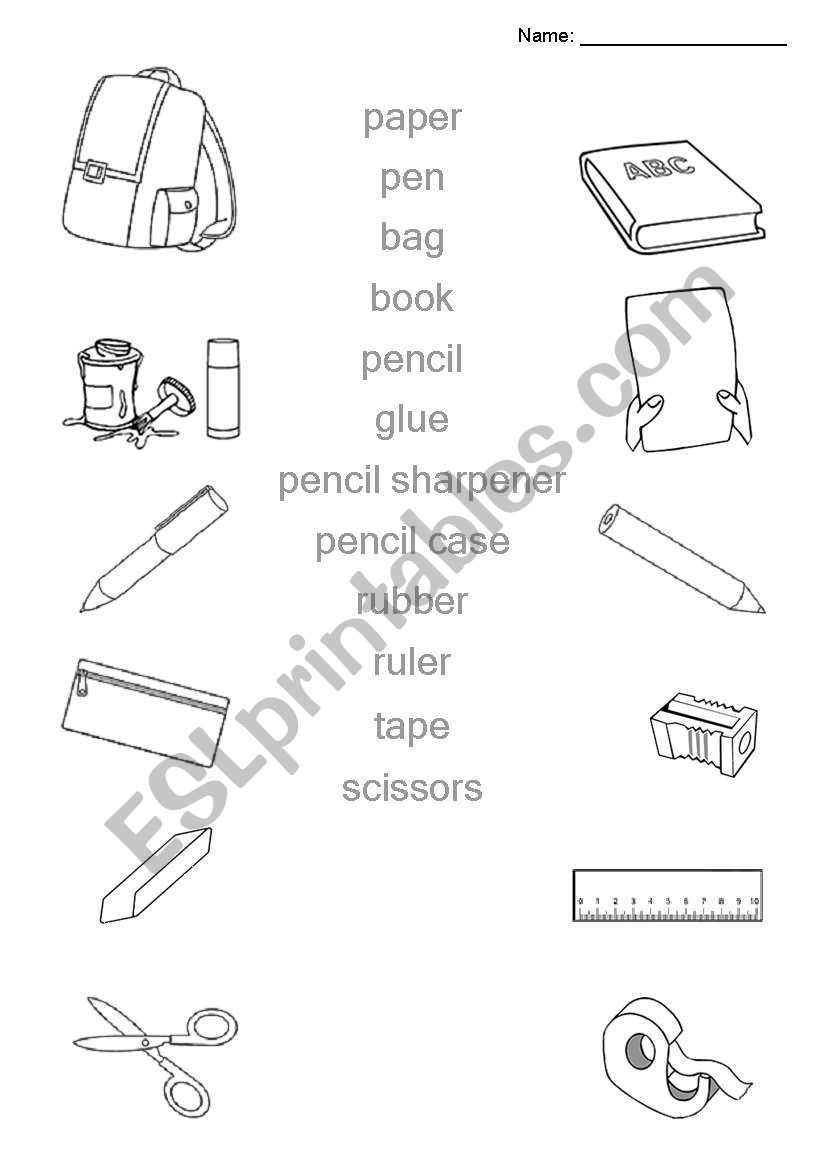 Classroom objects (pen, pencil, paper, etc)