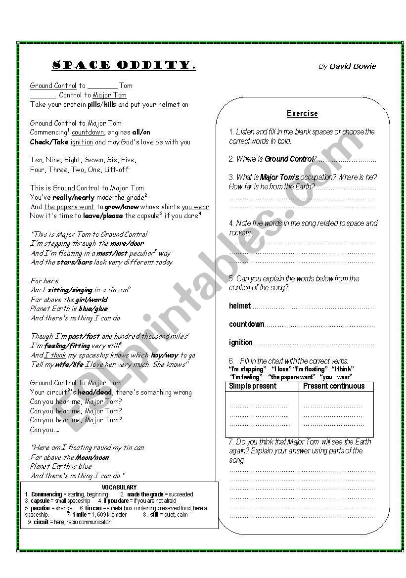 Space Oddity David BOWIE worksheet