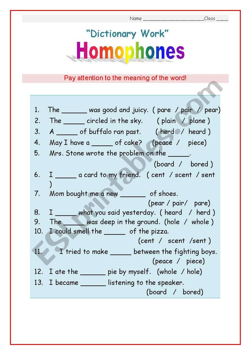 Homophones worksheet