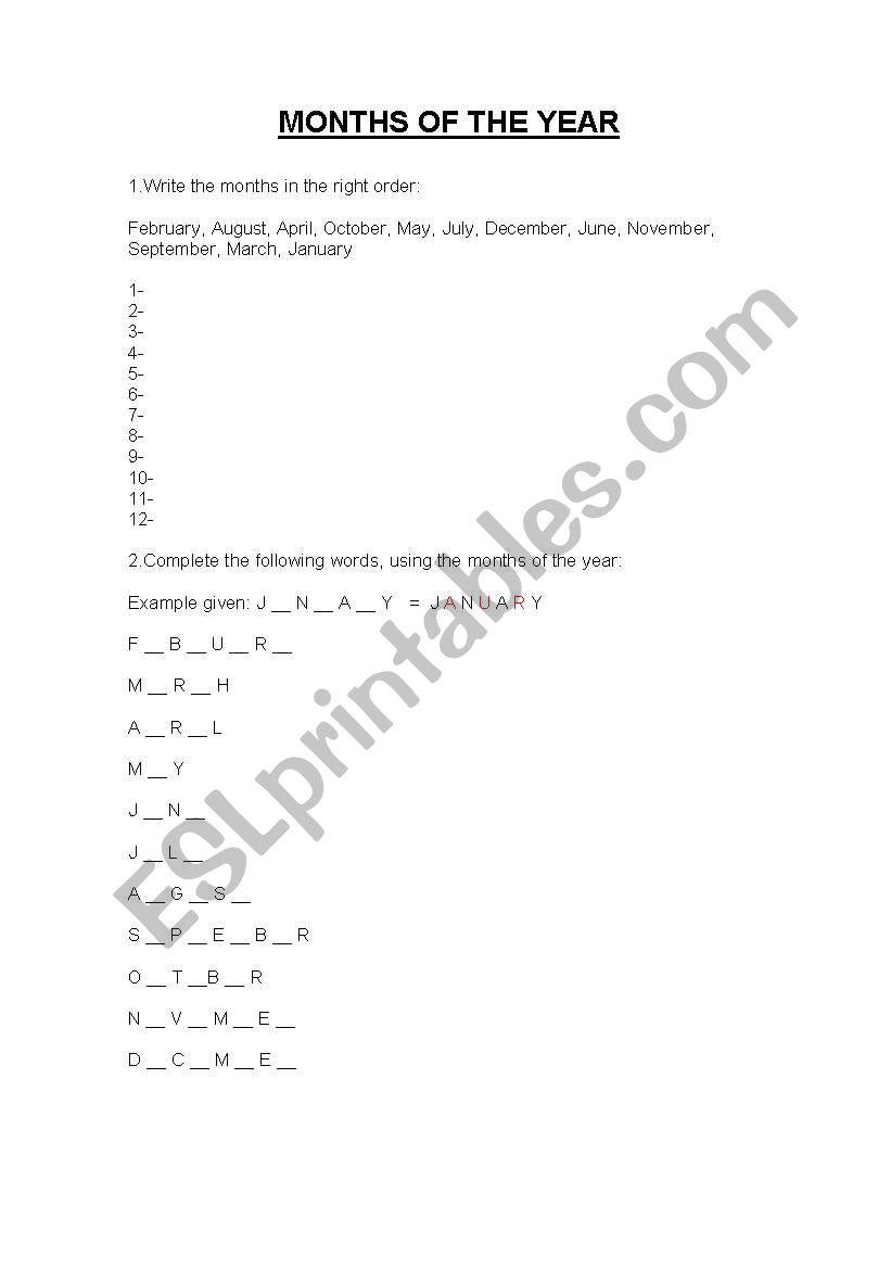 Months of the year worksheet