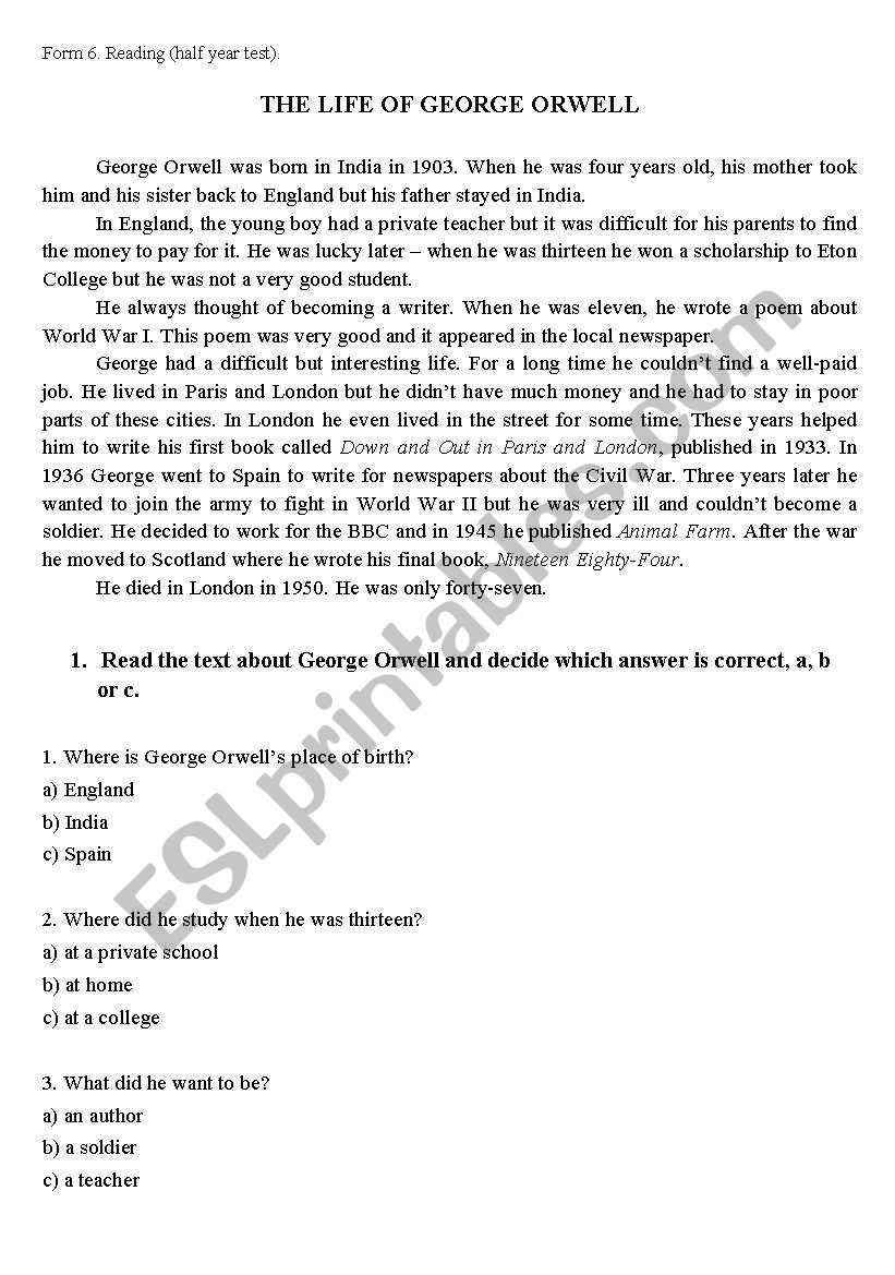 THE LIFE OF GEORGE ORWELL worksheet