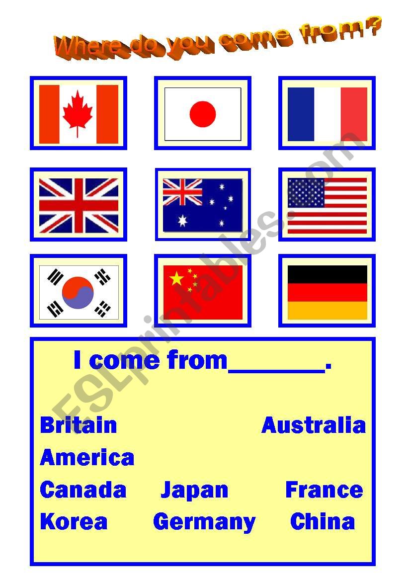 countries speaking prctice and flag recognizing worksheet