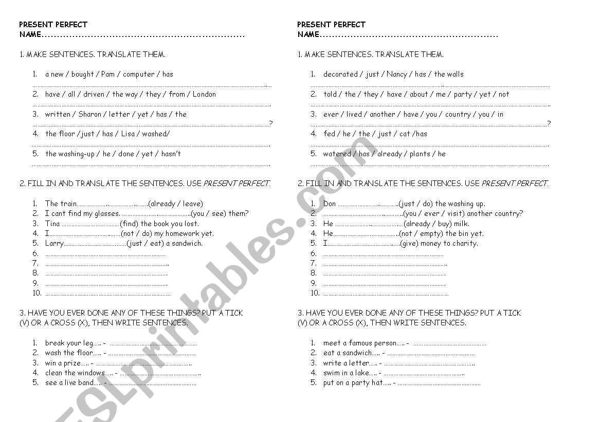 Present  perfect worksheet