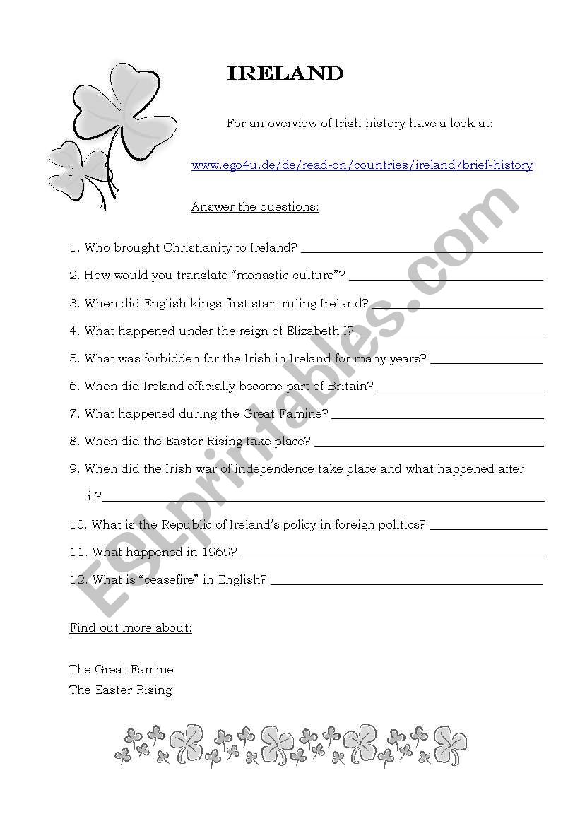 Irish history worksheet