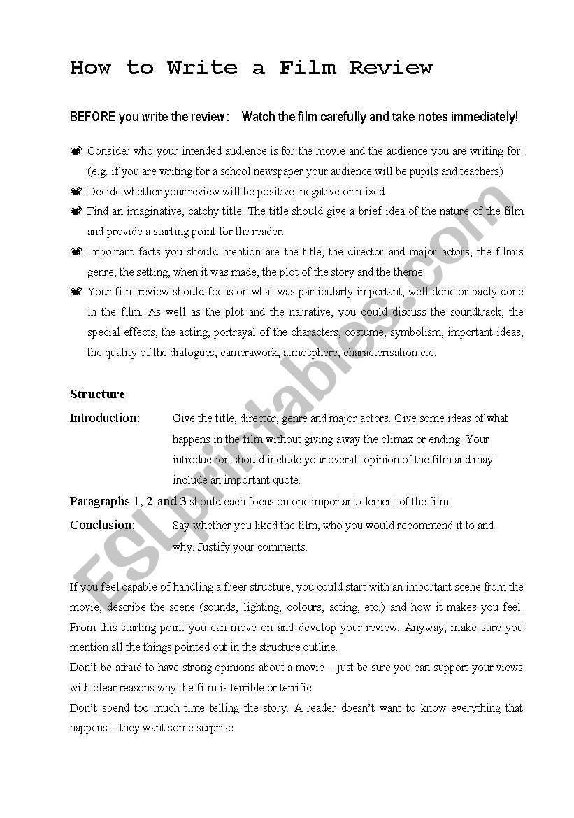 How to write a film review worksheet
