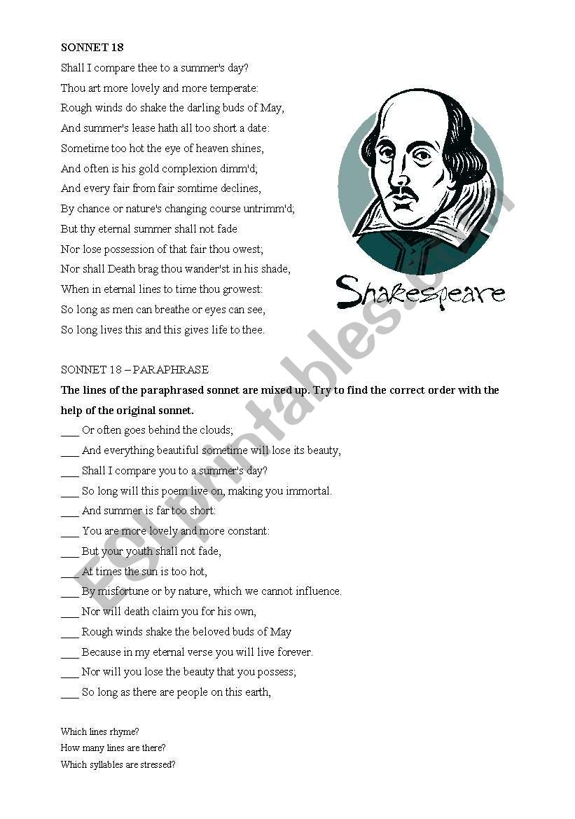 Shakespeare S Sonnet 18 Esl Worksheet By Lallemantia