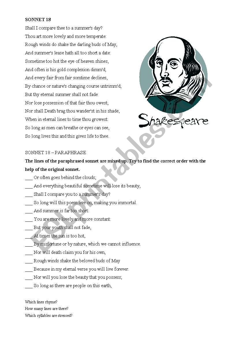 ShakespeareÂ´s sonnet 18 worksheet