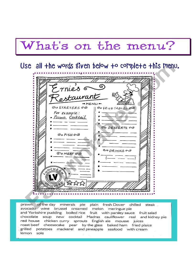 WHATS ON THE MENU? worksheet