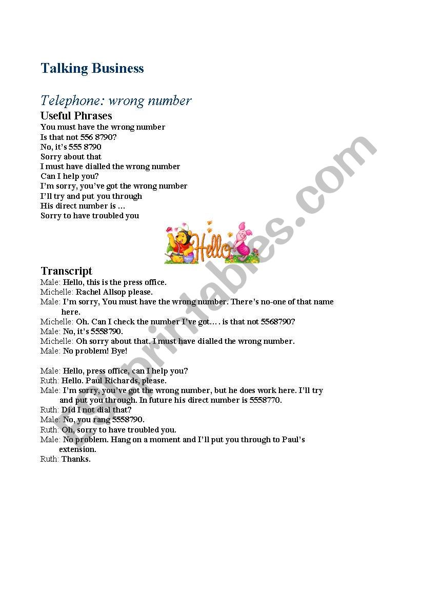 telephone-wrong number worksheet