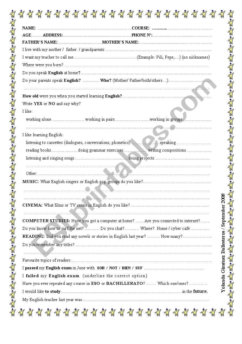My profile -All levels worksheet