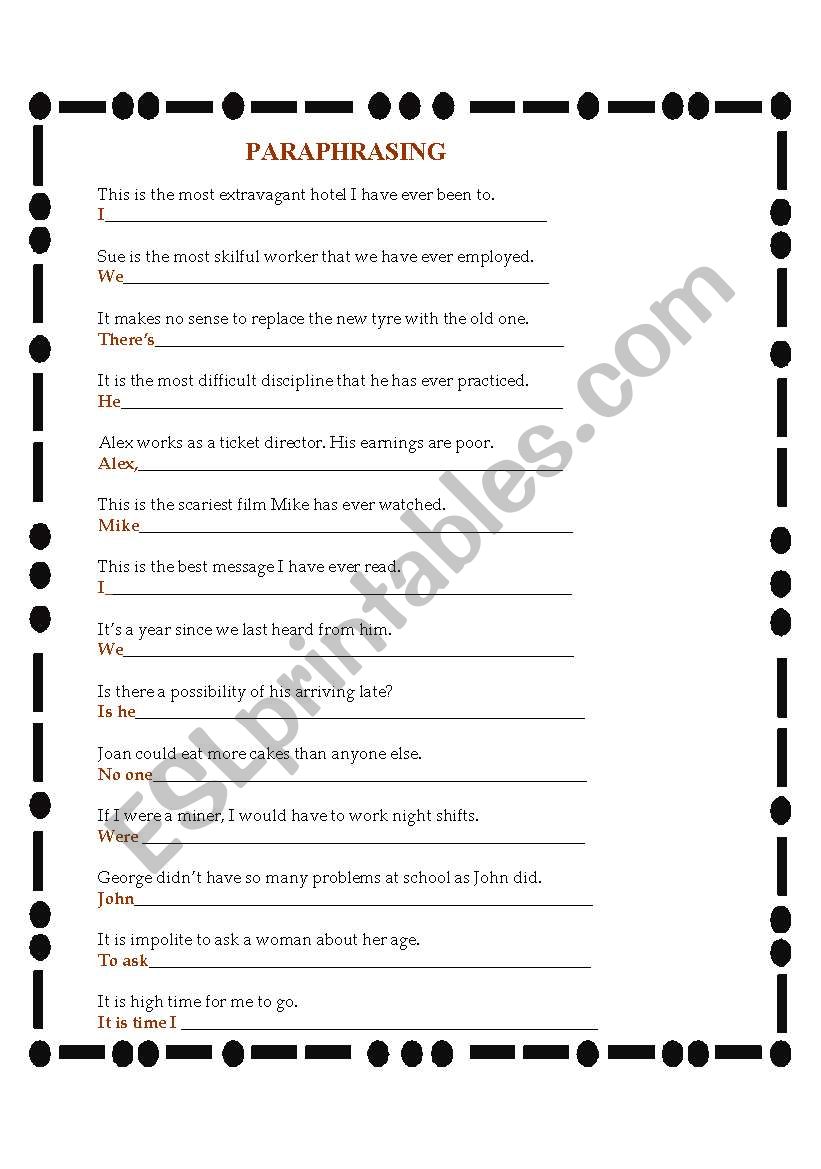 !!! PARAPHRASING !!! worksheet