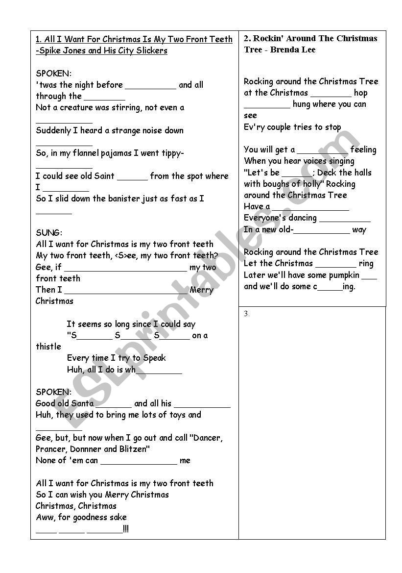 Christmas songs to fill in.  worksheet