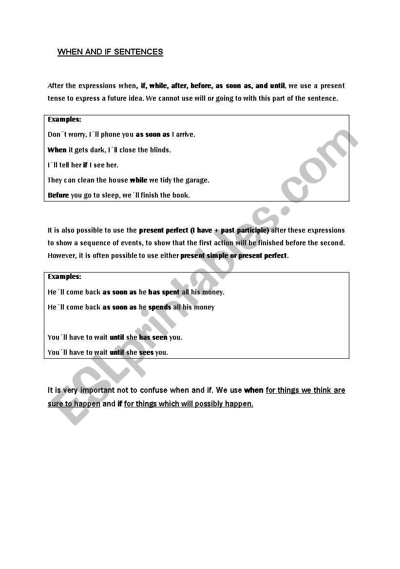 WHEN AND IF SENTENCES worksheet