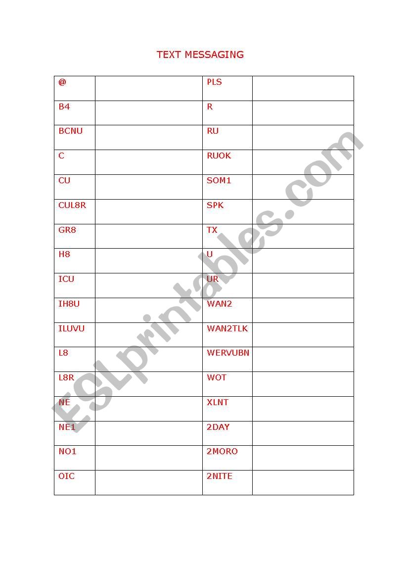 TEXT MESSAGING worksheet