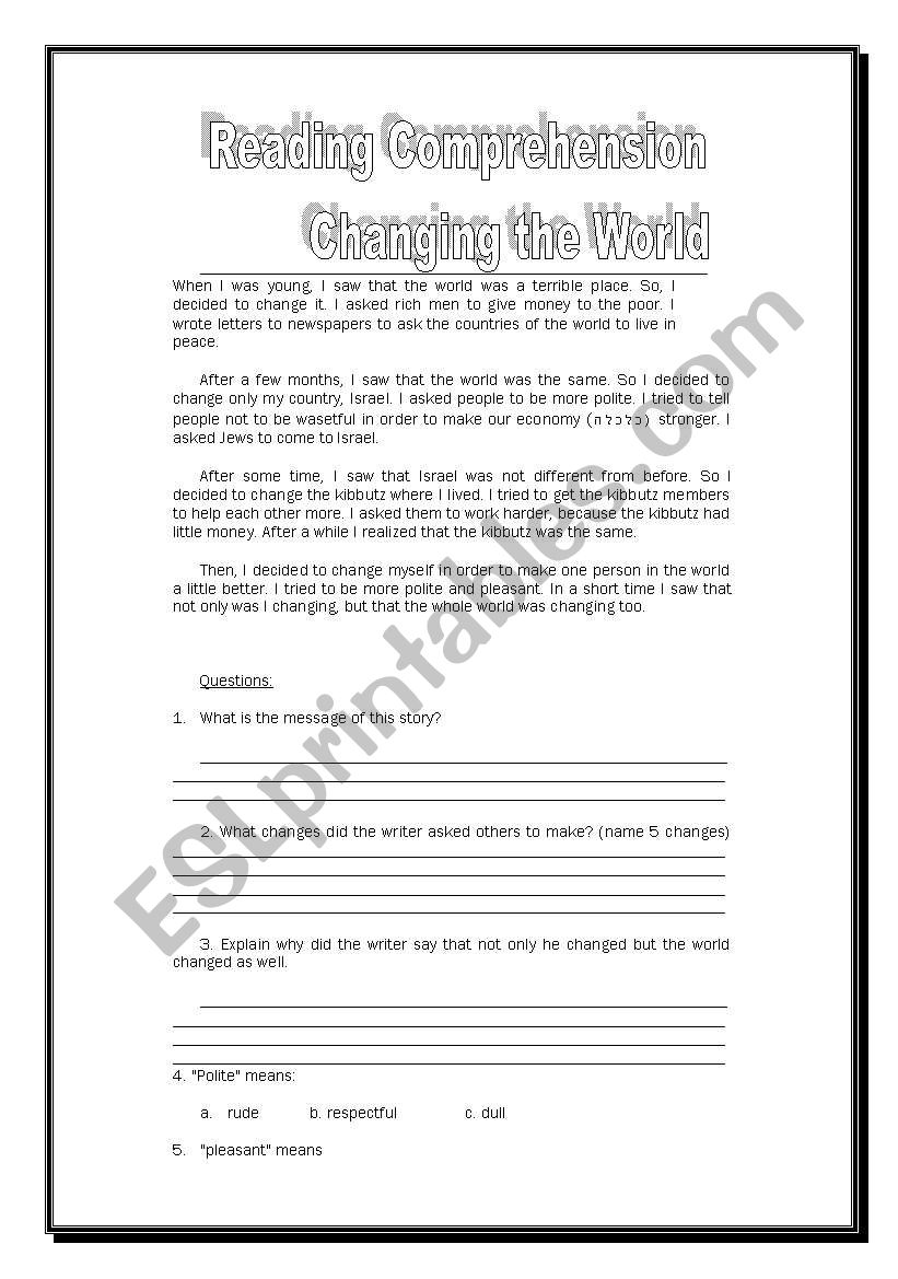 Changing The World - reading comprehension
