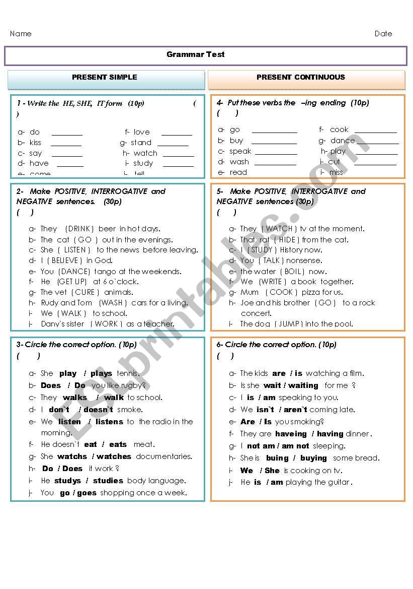 Grammar Test: Present Simple,Present Continuos