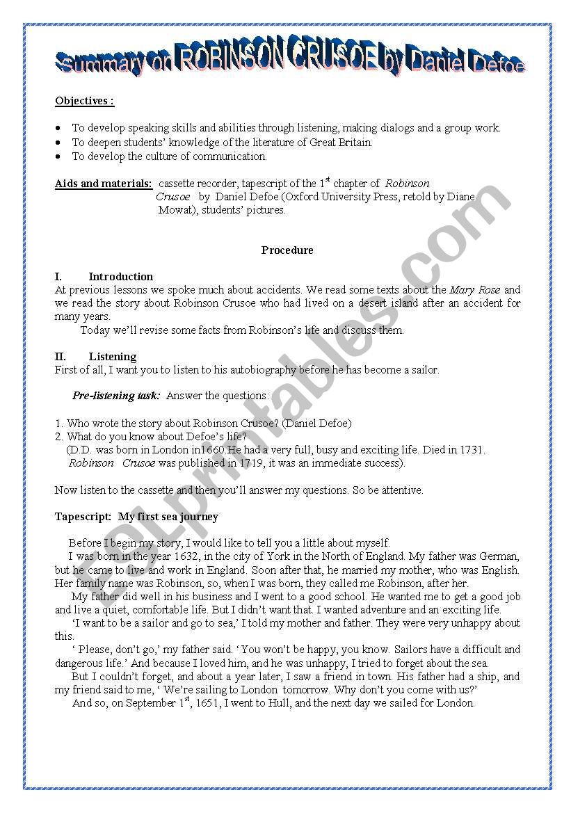 Summary on Robinson Crusoe by Daniel Defoe