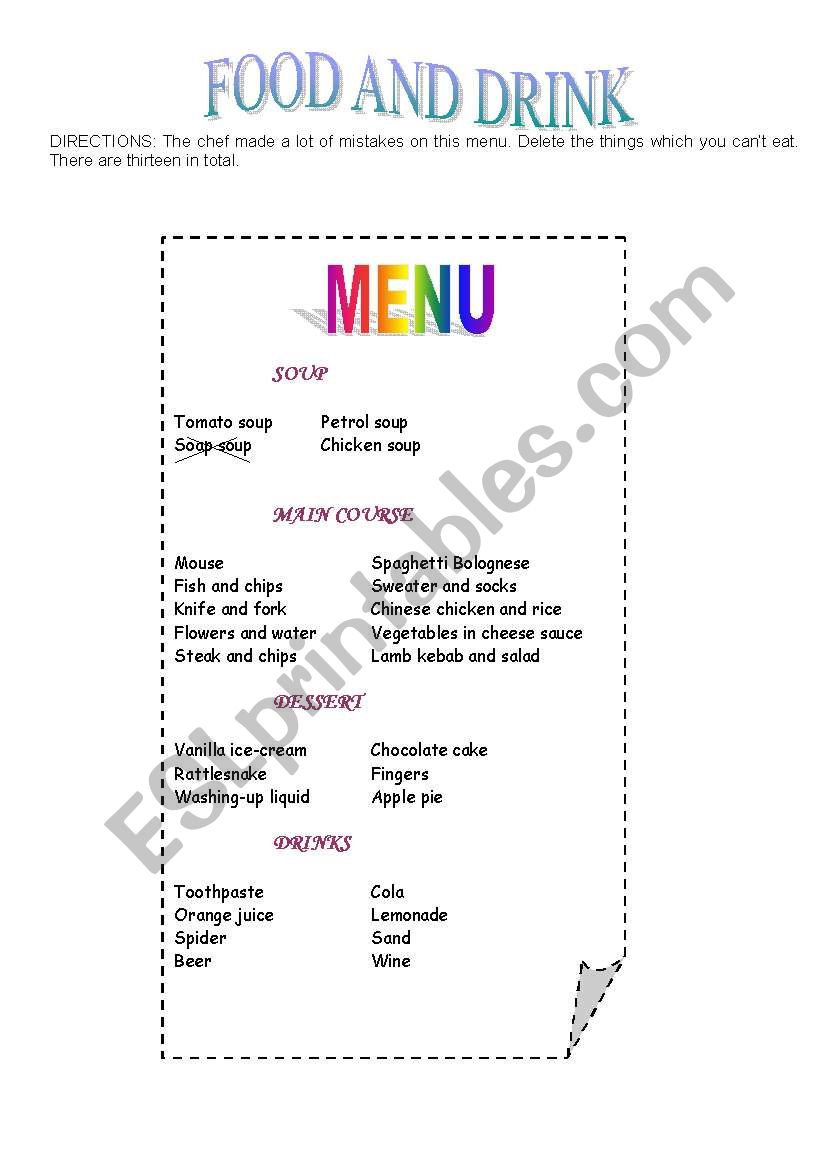 FOOD AND DRINK: MENU worksheet