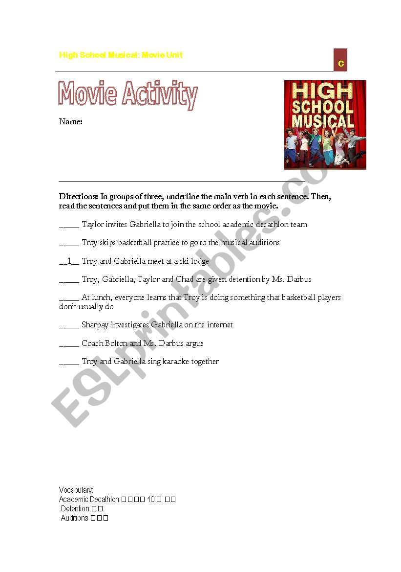 High School Musical Movie Activity-Identifying Verbs and Summarizing