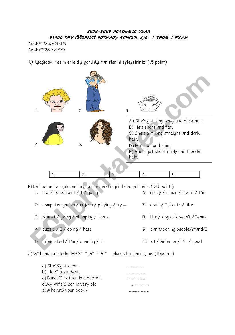 6th classes first term first exam