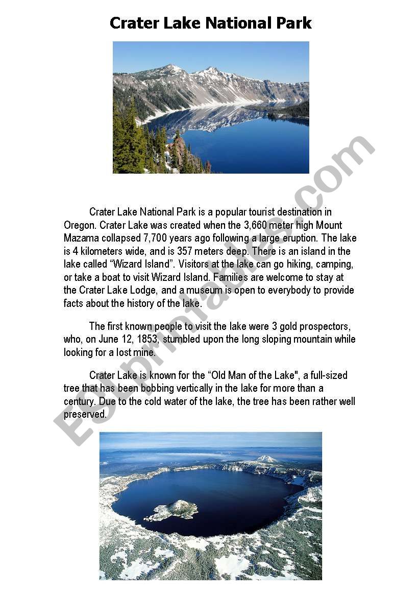 Crater Lake National Park worksheet